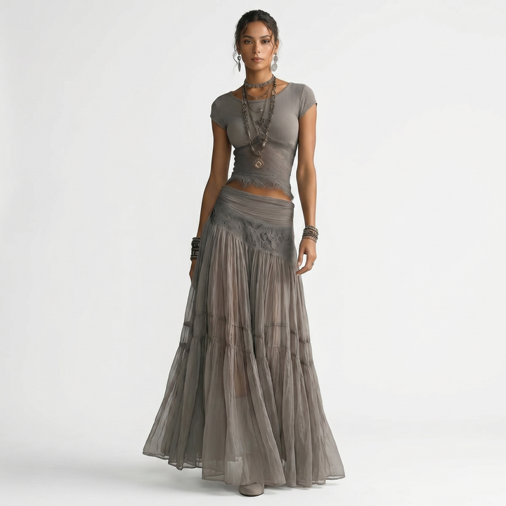 Women's Two Piece Set Fitted Cap Sleeve Top Tiered Maxi Skirt Boho