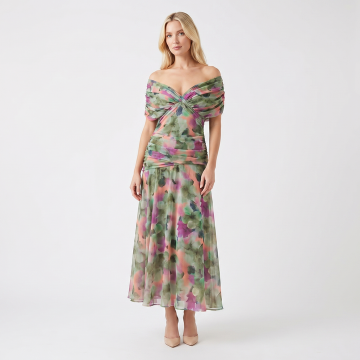 Women's Floral Midi Dress Off Shoulder Ruched Bodice Chiffon Formal