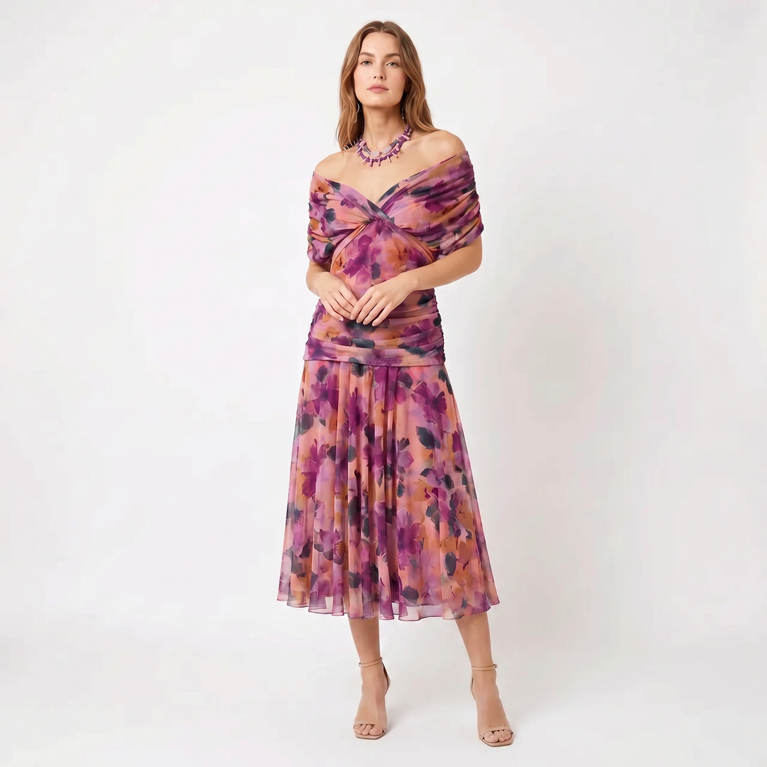 Women's Floral Midi Dress Off Shoulder Ruched Bodice Chiffon Formal