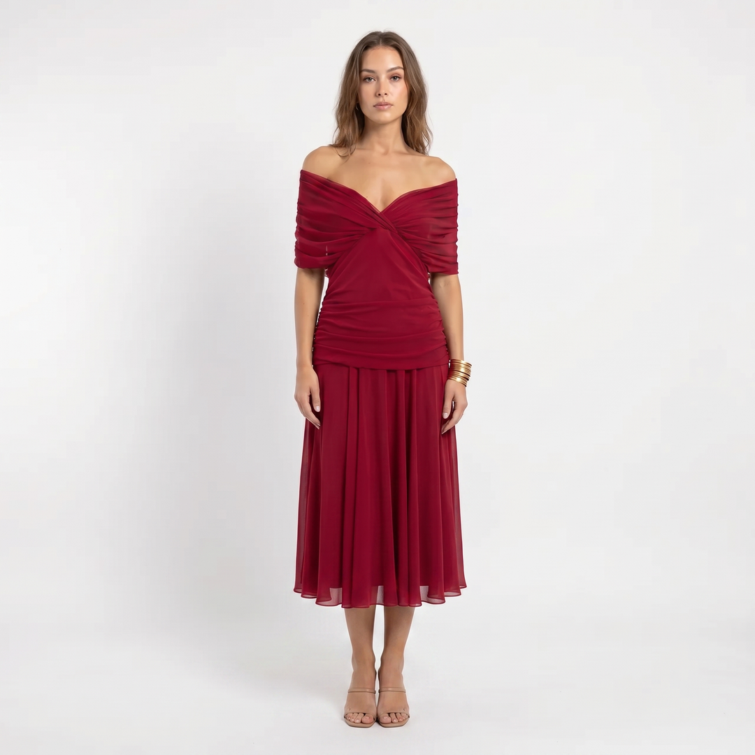 Women's Floral Midi Dress Off Shoulder Ruched Bodice Chiffon Formal