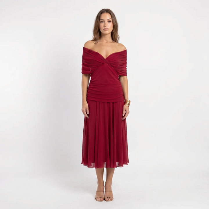 Women's Floral Midi Dress Off Shoulder Ruched Bodice Chiffon Formal