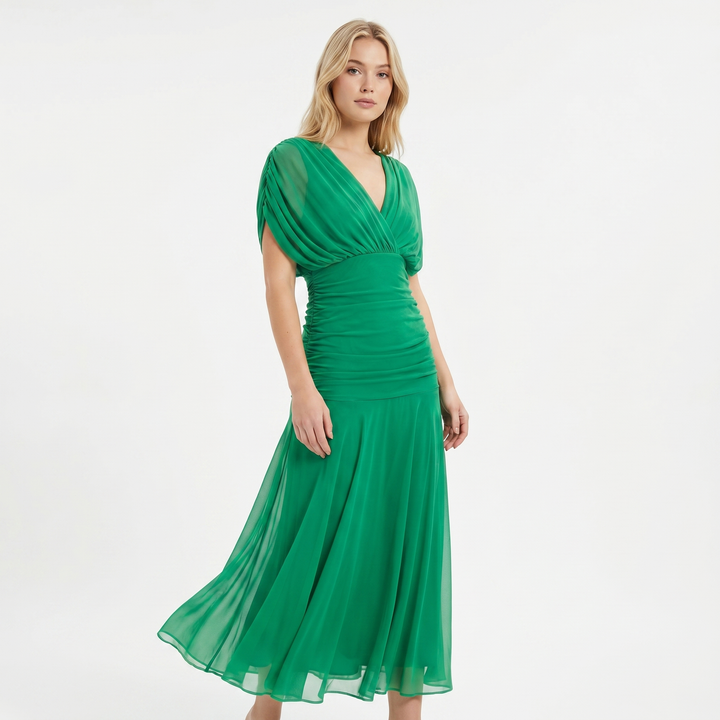 Women's Floral Midi Dress Off Shoulder Ruched Bodice Chiffon Formal