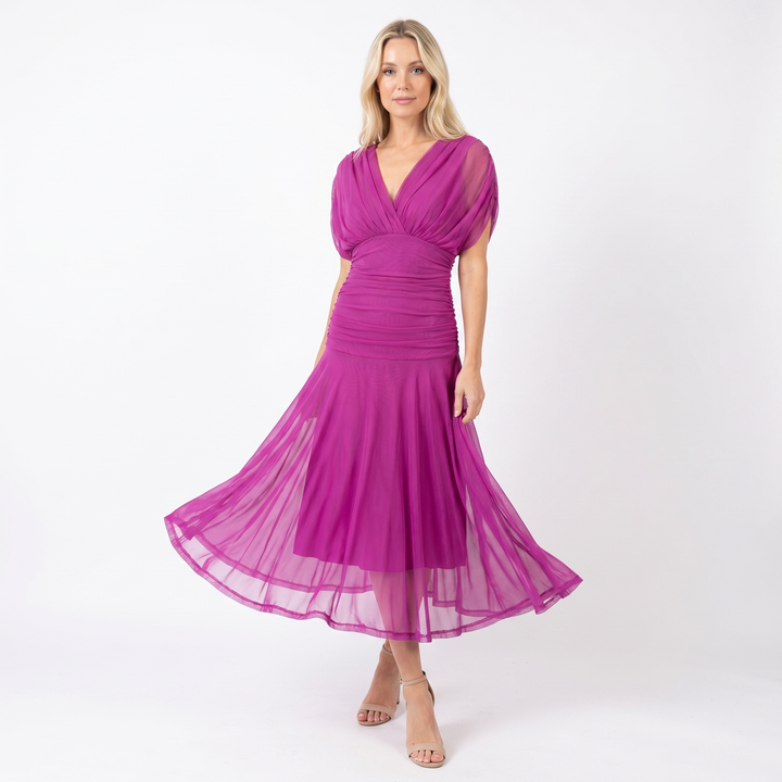 Women's Floral Midi Dress Off Shoulder Ruched Bodice Chiffon Formal