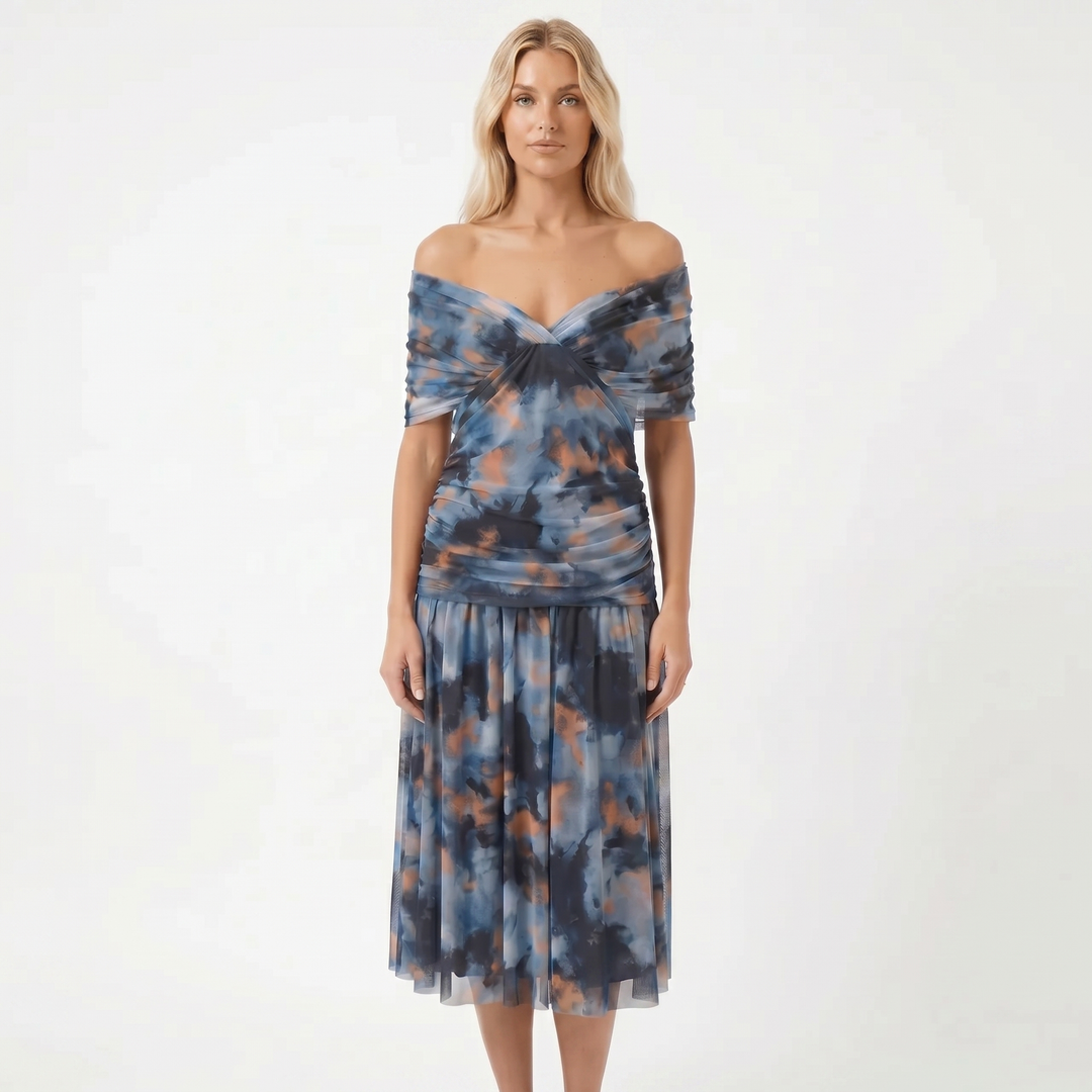 Women's Floral Midi Dress Off Shoulder Ruched Bodice Chiffon Formal