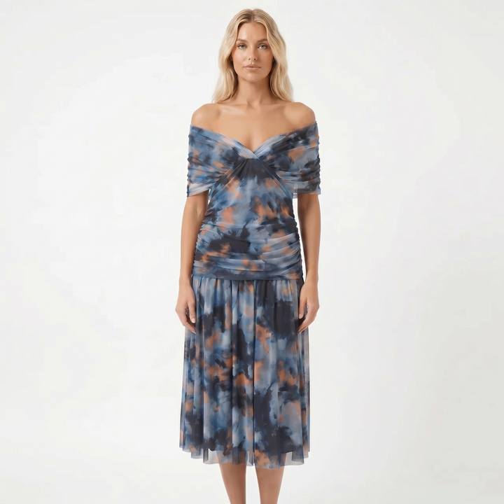 Women's Floral Midi Dress Off Shoulder Ruched Bodice Chiffon Formal
