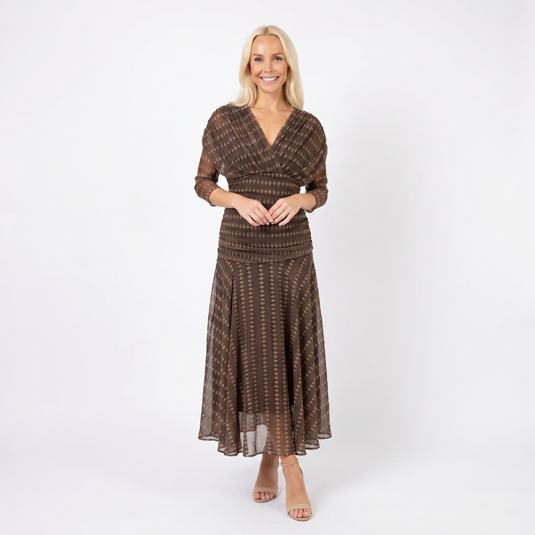 Women's Floral Midi Dress Off Shoulder Ruched Bodice Chiffon Formal