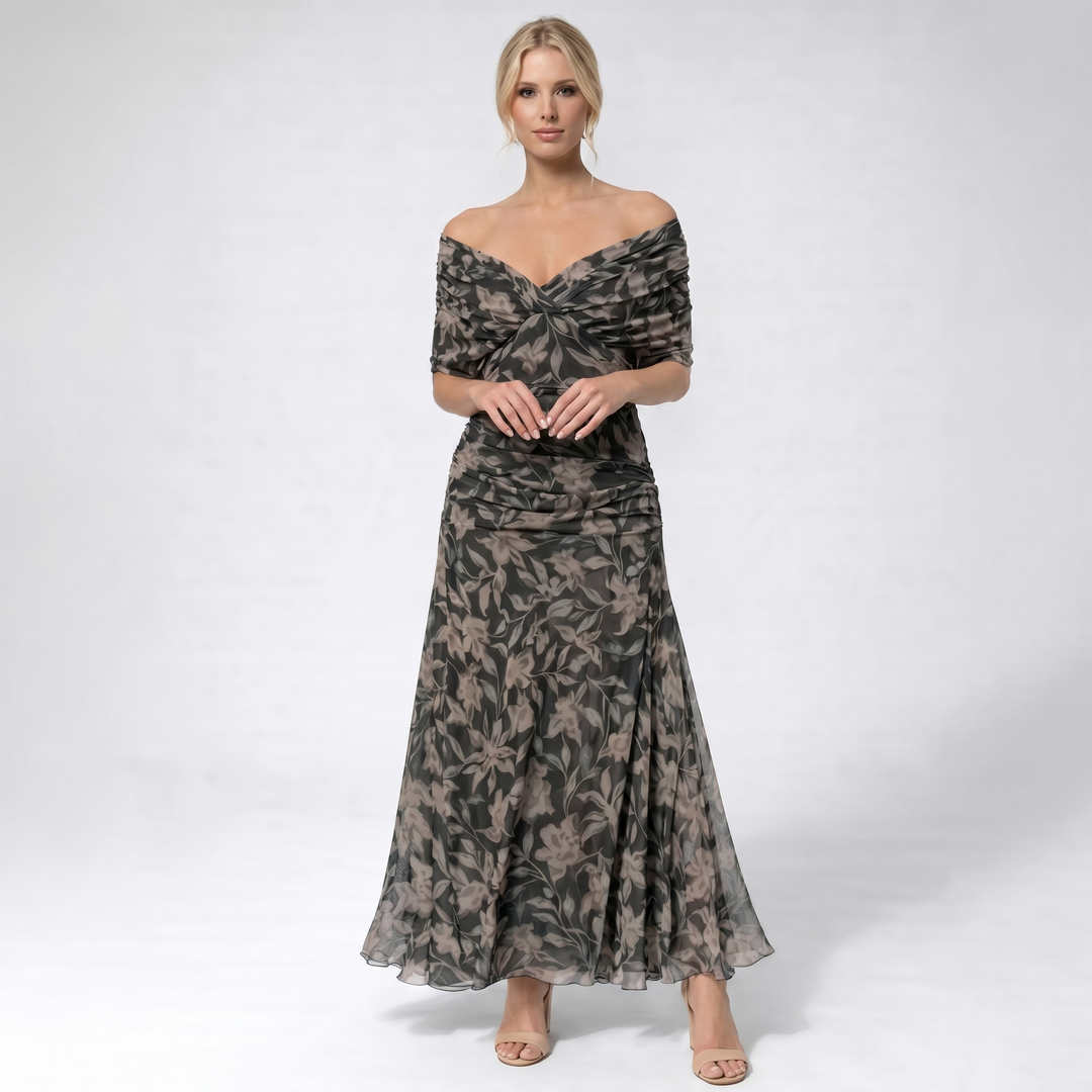 Women's Floral Midi Dress Off Shoulder Ruched Bodice Chiffon Formal