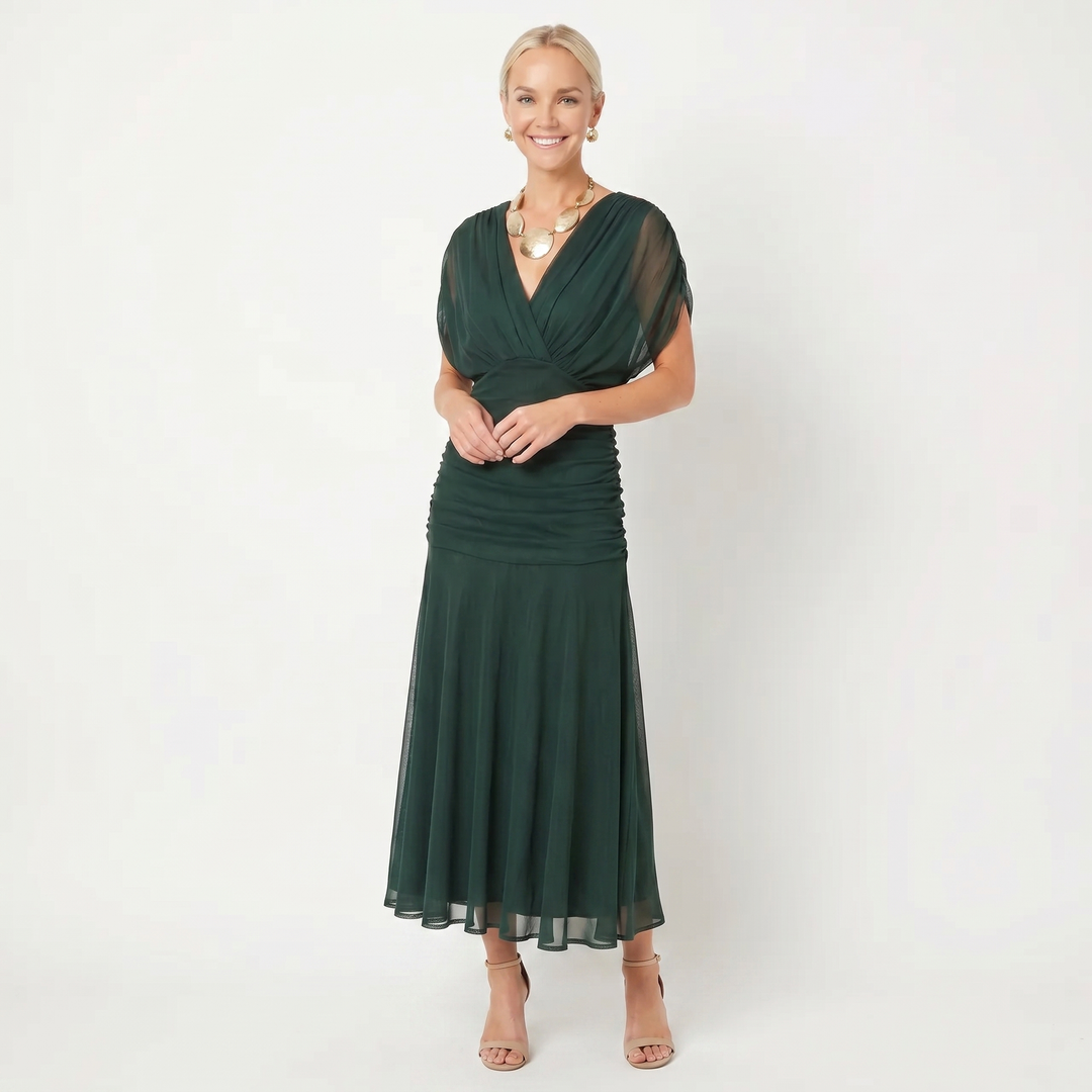 Women's Floral Midi Dress Off Shoulder Ruched Bodice Chiffon Formal