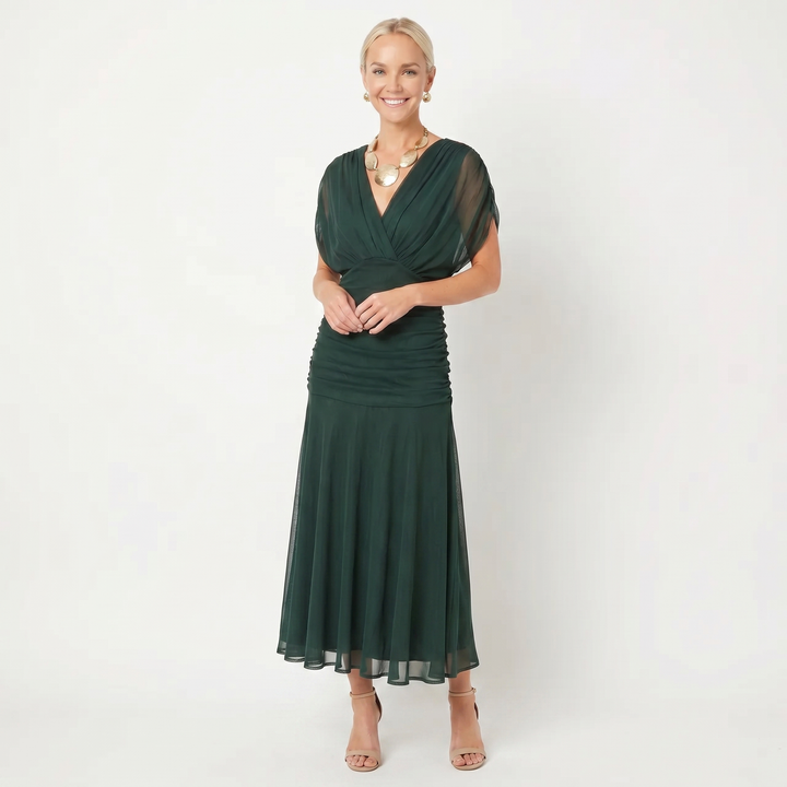 Women's Floral Midi Dress Off Shoulder Ruched Bodice Chiffon Formal