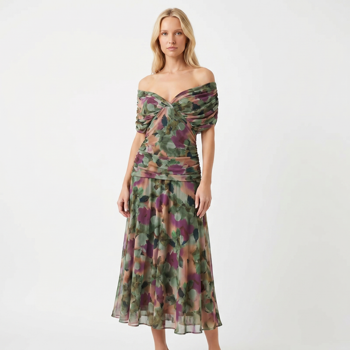 Women's Floral Midi Dress Off Shoulder Ruched Bodice Chiffon Formal