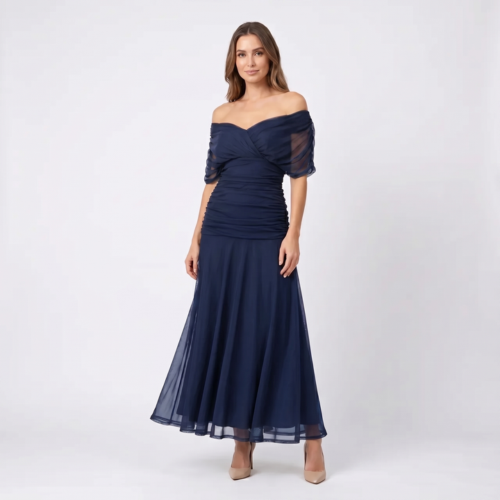 Women's Floral Midi Dress Off Shoulder Ruched Bodice Chiffon Formal