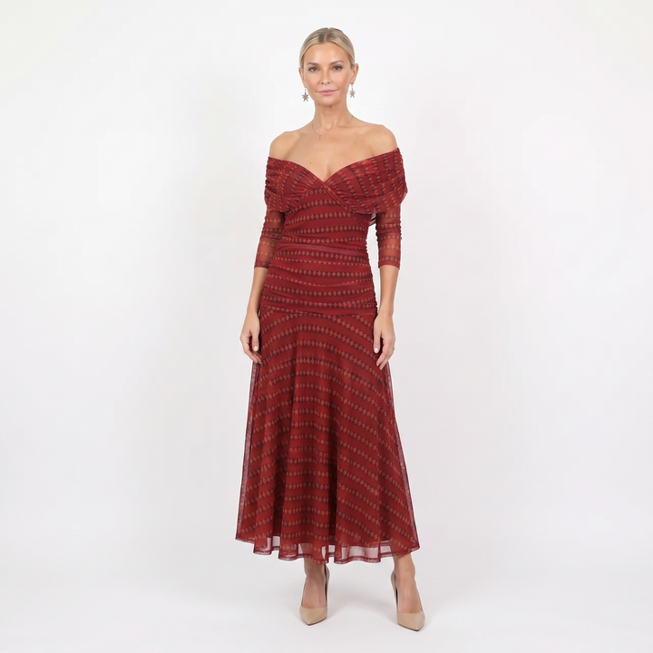 Women's Floral Midi Dress Off Shoulder Ruched Bodice Chiffon Formal