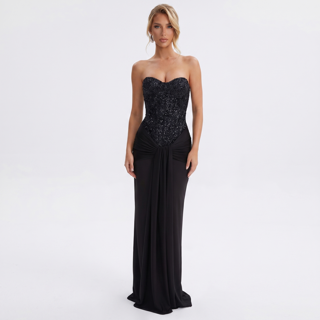 Women's Strapless Maxi Dress Sequin Corset Bodice Draped Bodycon