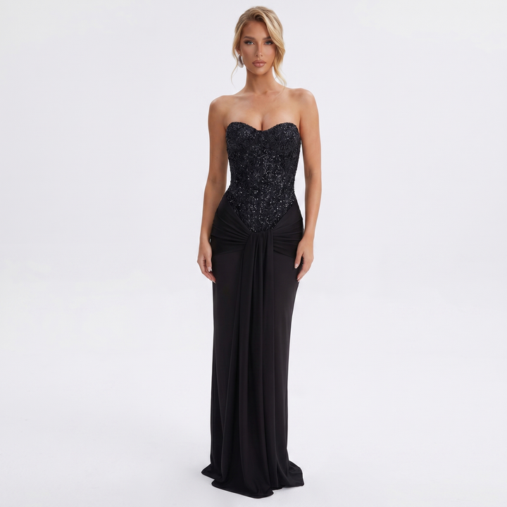 Women's Strapless Maxi Dress Sequin Corset Bodice Draped Bodycon