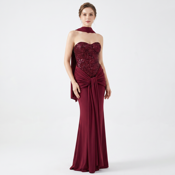 Women's Strapless Maxi Dress Sequin Corset Bodice Draped Bodycon