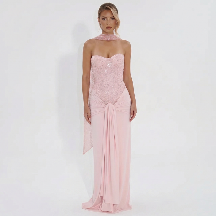 Women's Strapless Maxi Dress Sequin Corset Bodice Draped Bodycon