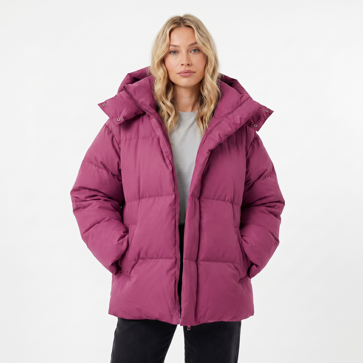 Women's Puffer Jacket – Oversized Hooded Baffle Channel Hip Length
