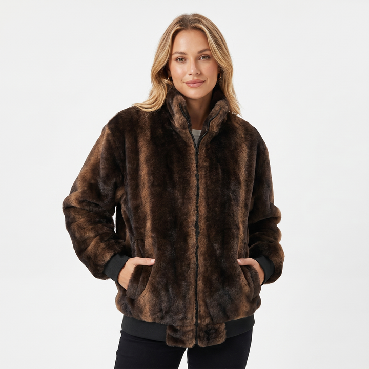 Women's Fur Bomber Jacket – Faux Mink Zip-Up Stand Collar Ribbed Hem