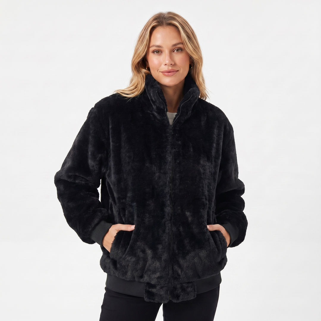 Women's Fur Bomber Jacket – Faux Mink Zip-Up Stand Collar Ribbed Hem