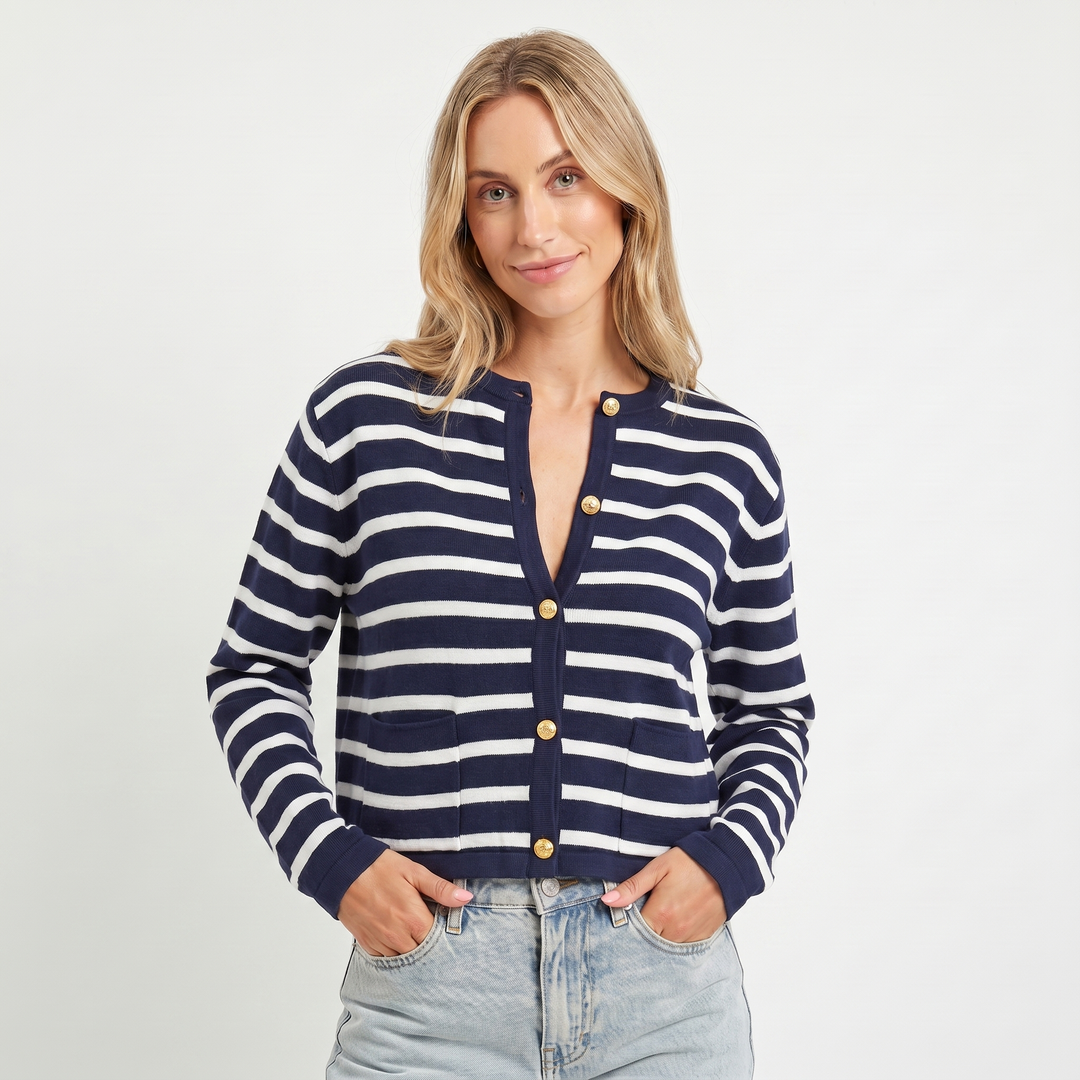 Women's Cropped Cardigan – Stripe Knit Gold Button Crew Neck