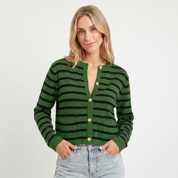 Women's Cropped Cardigan – Stripe Knit Gold Button Crew Neck