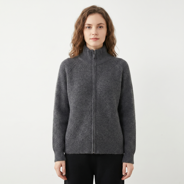Women's Fluffy Cardigan – Ribbed Zip-Up Funnel Neck Knit Fitted