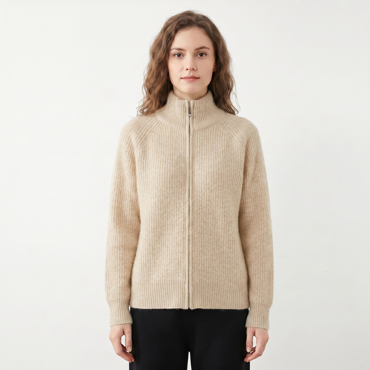 Women's Fluffy Cardigan – Ribbed Zip-Up Funnel Neck Knit Fitted