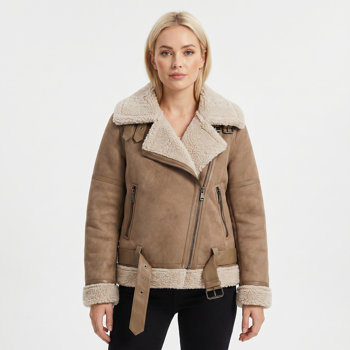 Women's Suede Jacket – Shearling-Lined Aviator Biker Belted