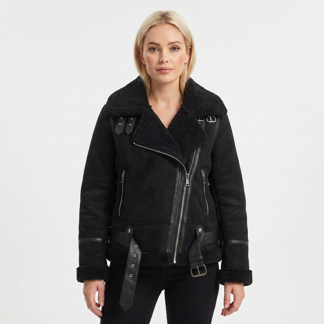 Women's Suede Jacket – Shearling-Lined Aviator Biker Belted