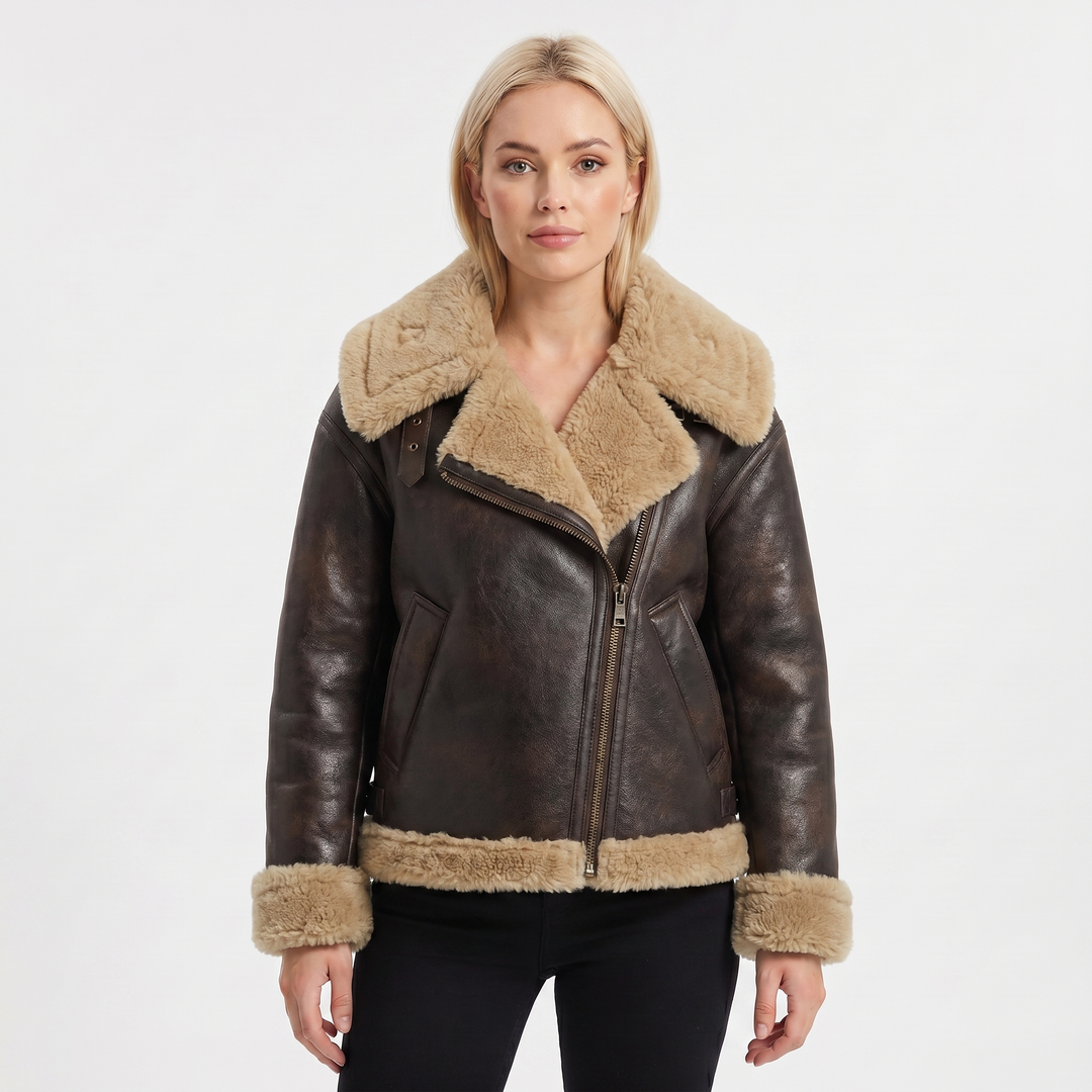 Women's Suede Jacket – Shearling-Lined Aviator Biker Belted