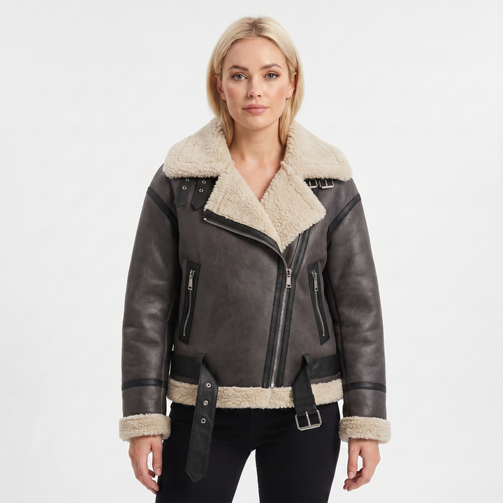 Women's Suede Jacket – Shearling-Lined Aviator Biker Belted
