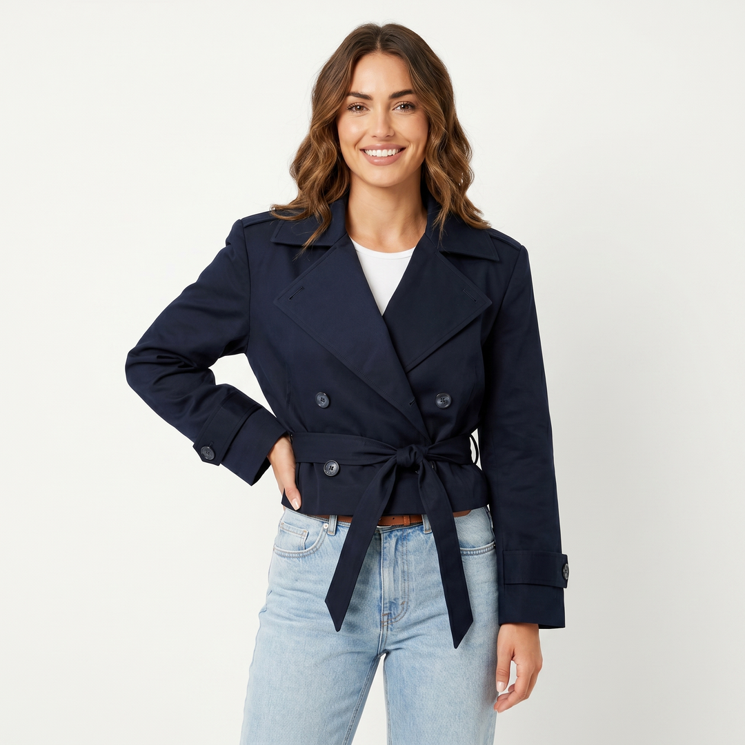 Women's Cropped Trench Coat – Double-Breasted Belted Jacket