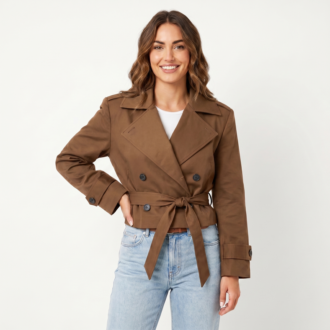 Women's Cropped Trench Coat – Double-Breasted Belted Jacket