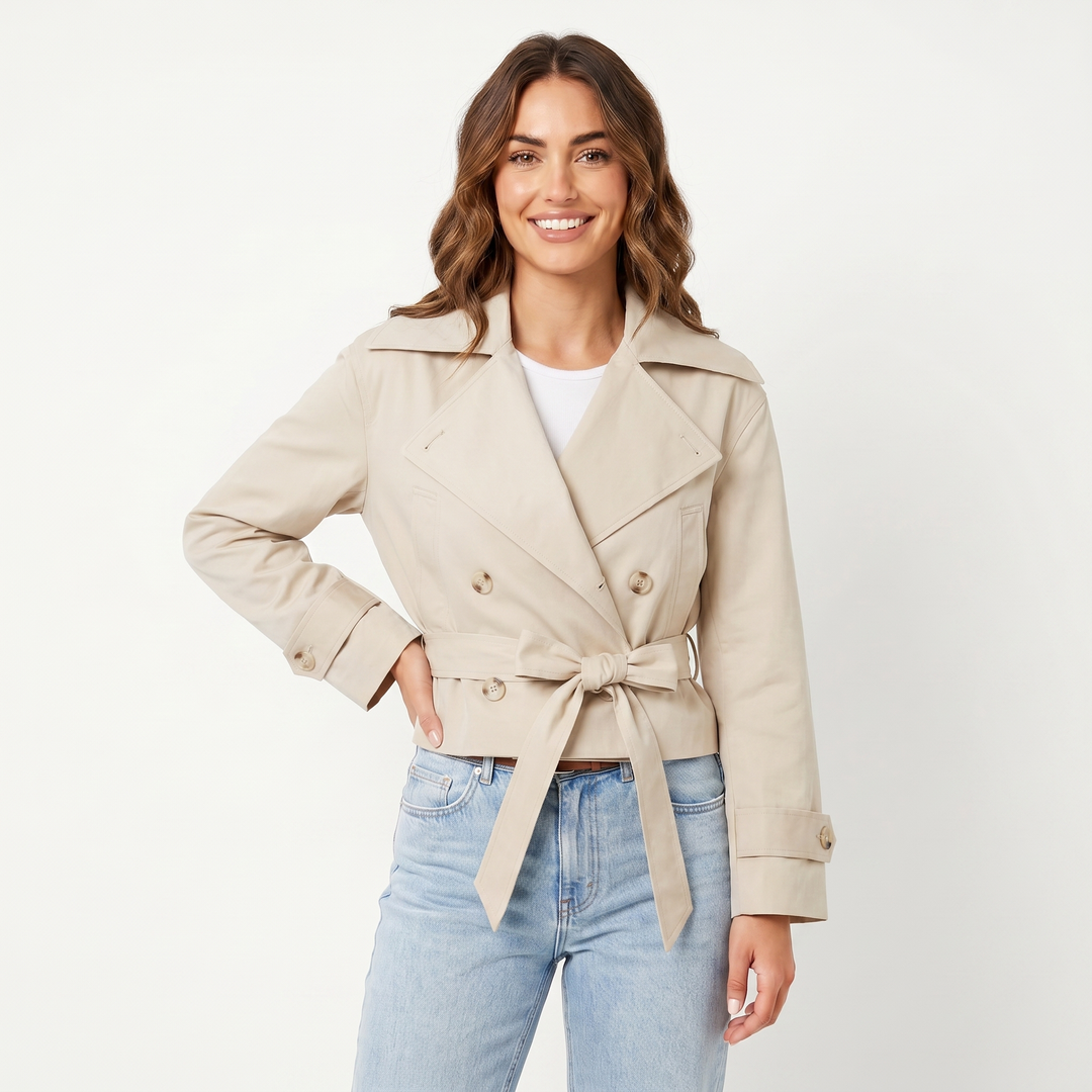 Women's Cropped Trench Coat – Double-Breasted Belted Jacket