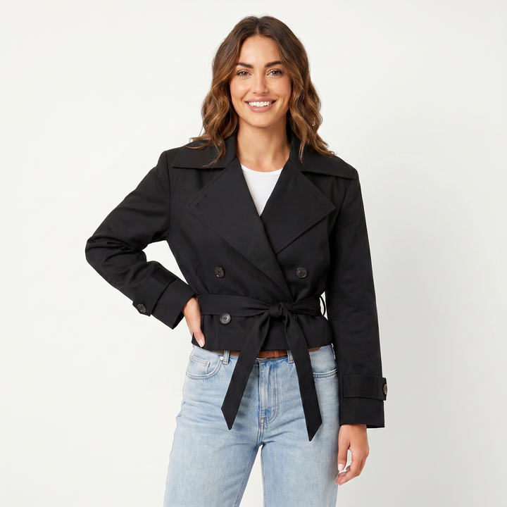 Women's Cropped Trench Coat – Double-Breasted Belted Jacket