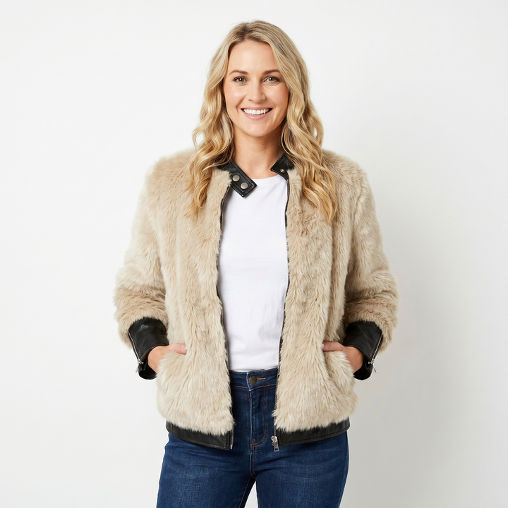 Women's Faux Fur Bomber Jacket – Leather-Look Contrast Trim Cropped