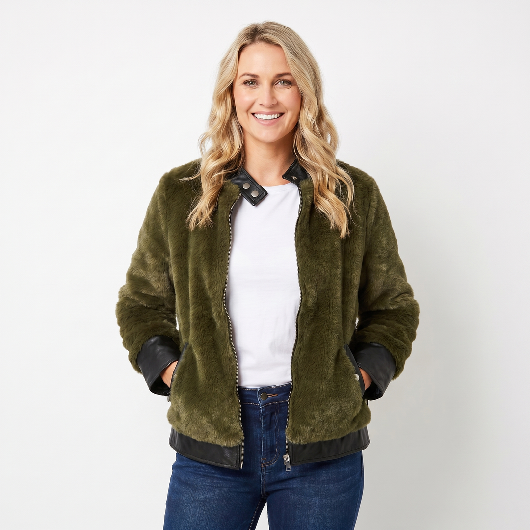 Women's Faux Fur Bomber Jacket – Leather-Look Contrast Trim Cropped