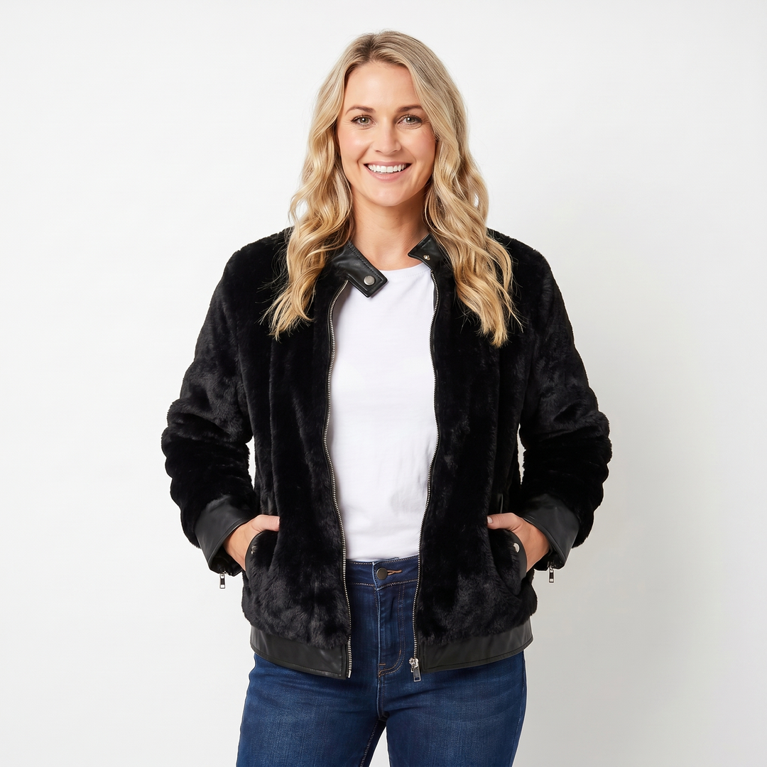 Women's Faux Fur Bomber Jacket – Leather-Look Contrast Trim Cropped
