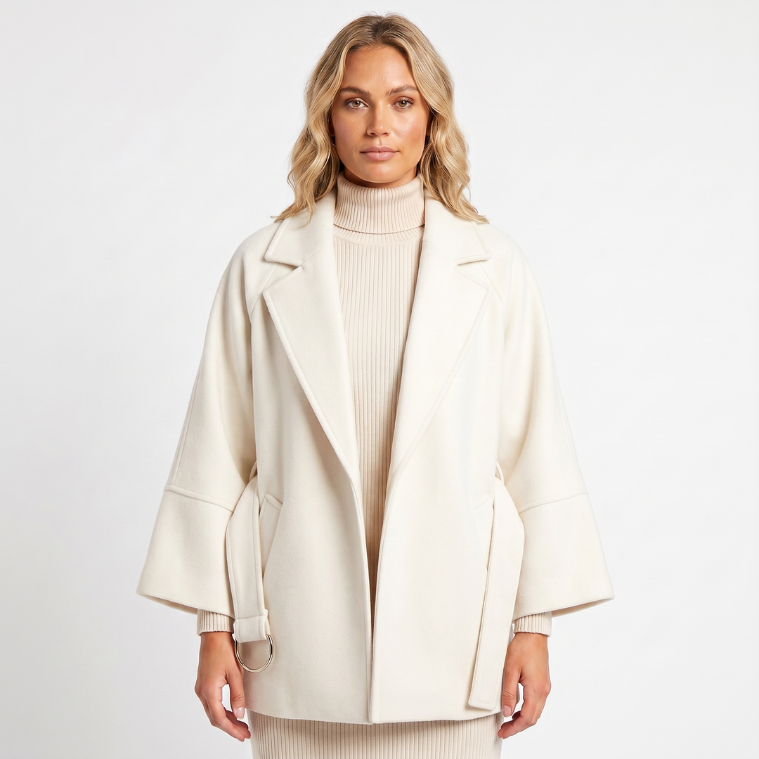 Women's Wool-Look Jacket – Oversized Belted D-Ring Wide Sleeve Crop