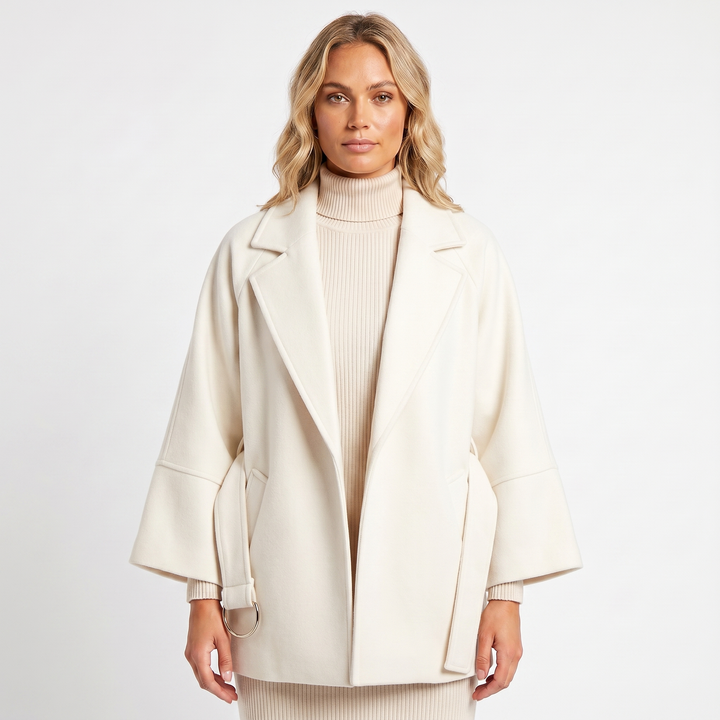 Women's Wool-Look Jacket – Oversized Belted D-Ring Wide Sleeve Crop
