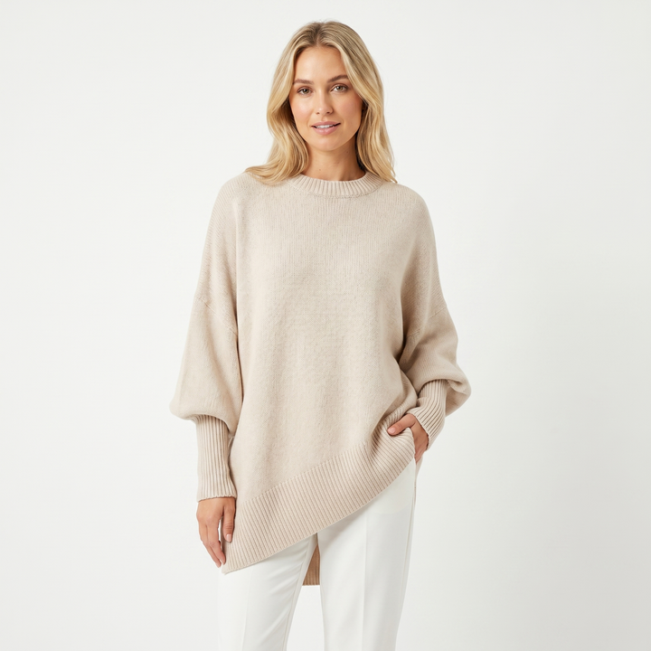 Women's Oversized Batwing Jumper – Asymmetric Hem Ribbed Crew Neck