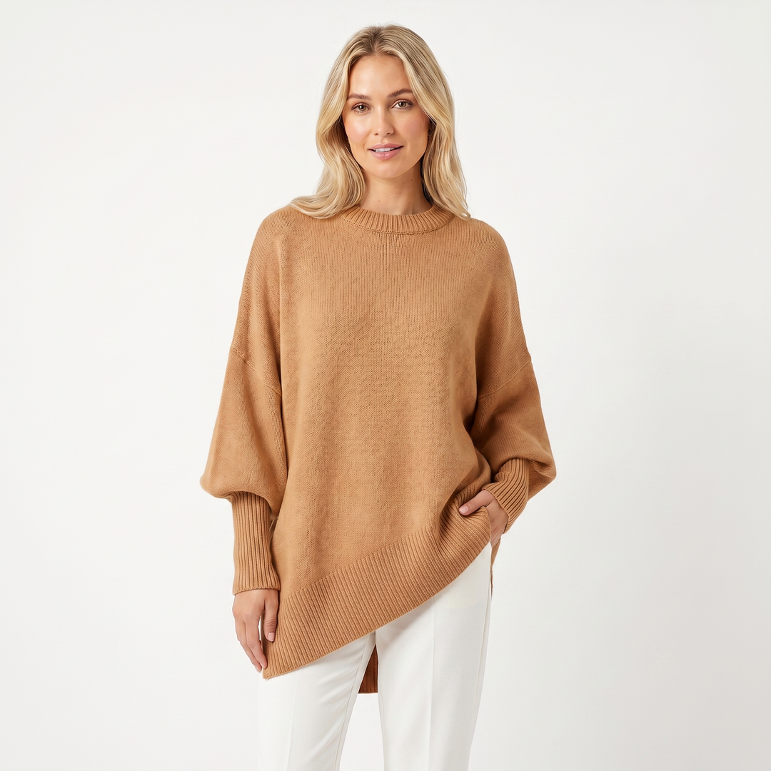 Women's Oversized Batwing Jumper – Asymmetric Hem Ribbed Crew Neck