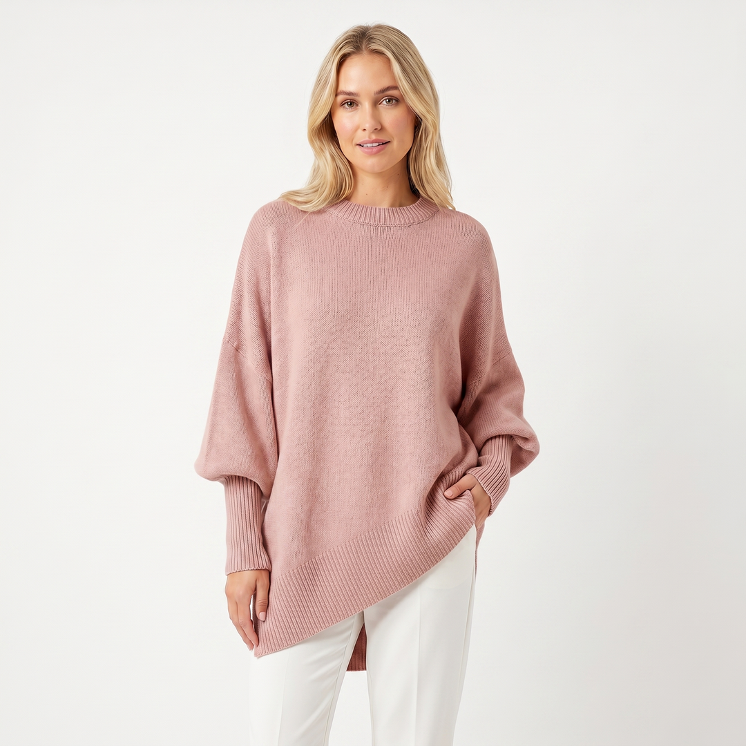 Women's Oversized Batwing Jumper – Asymmetric Hem Ribbed Crew Neck