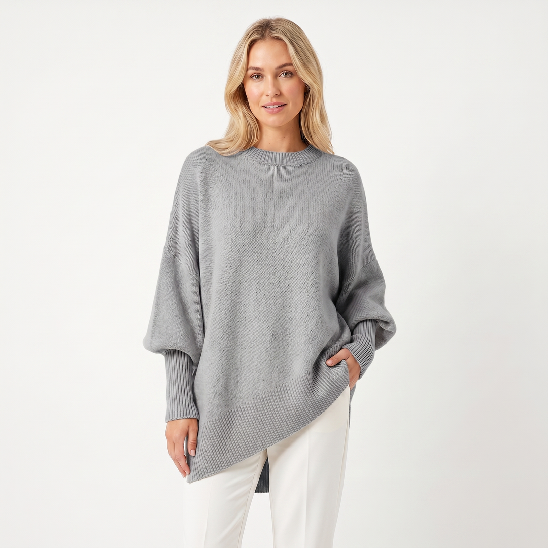 Women's Oversized Batwing Jumper – Asymmetric Hem Ribbed Crew Neck