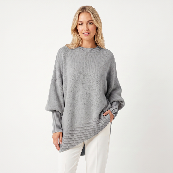 Women's Oversized Batwing Jumper – Asymmetric Hem Ribbed Crew Neck