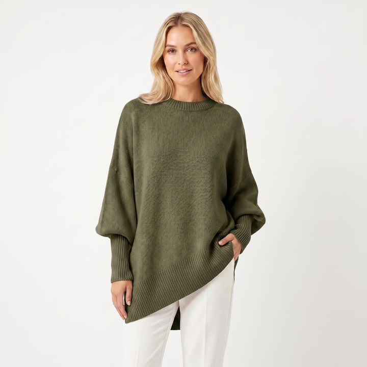 Women's Oversized Batwing Jumper – Asymmetric Hem Ribbed Crew Neck