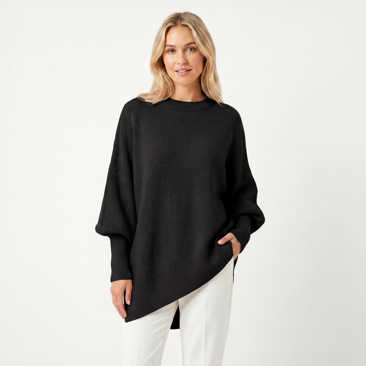 Women's Oversized Batwing Jumper – Asymmetric Hem Ribbed Crew Neck