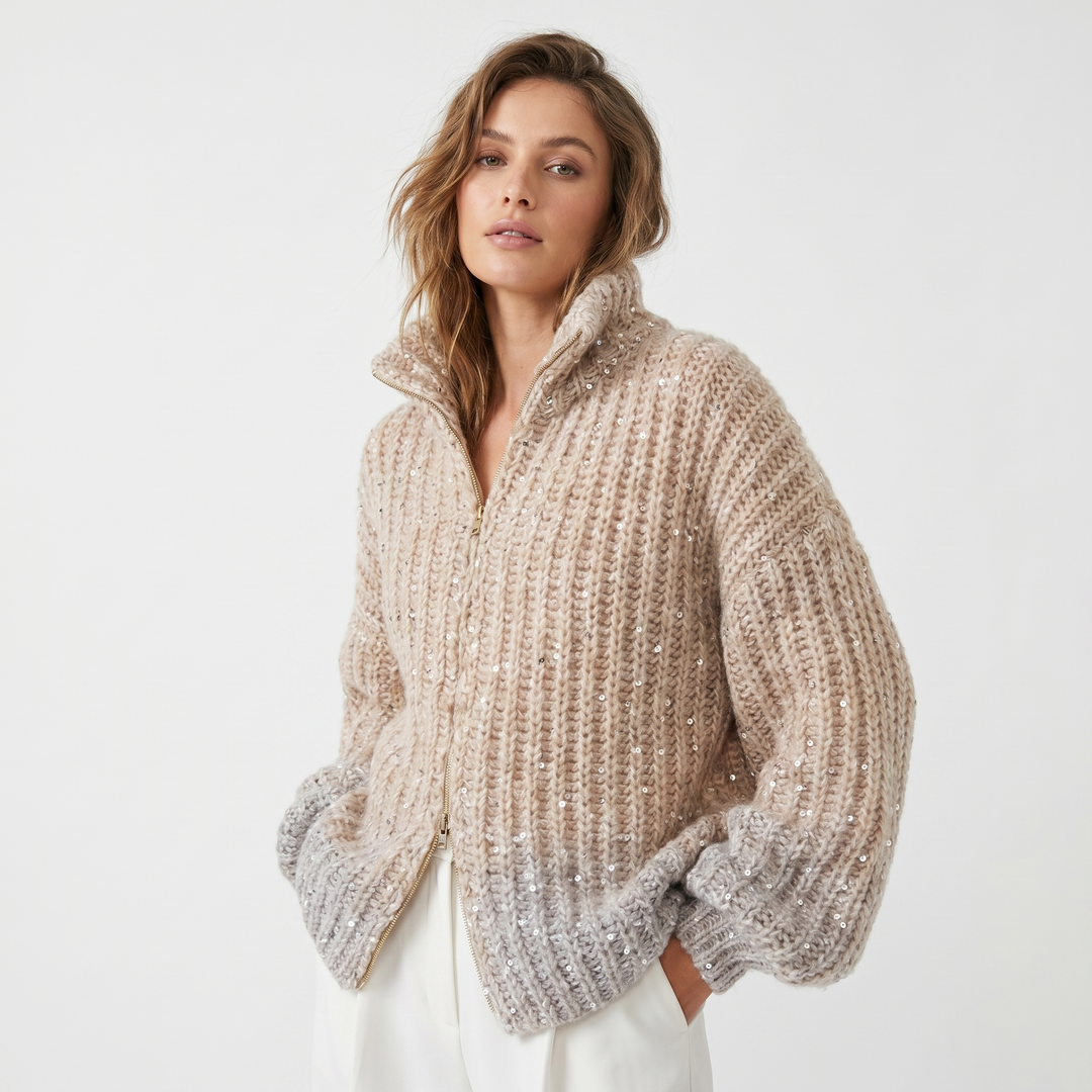 Women's Oversized Cardigan – Chunky Knit Sequin Zip-Up Funnel Neck