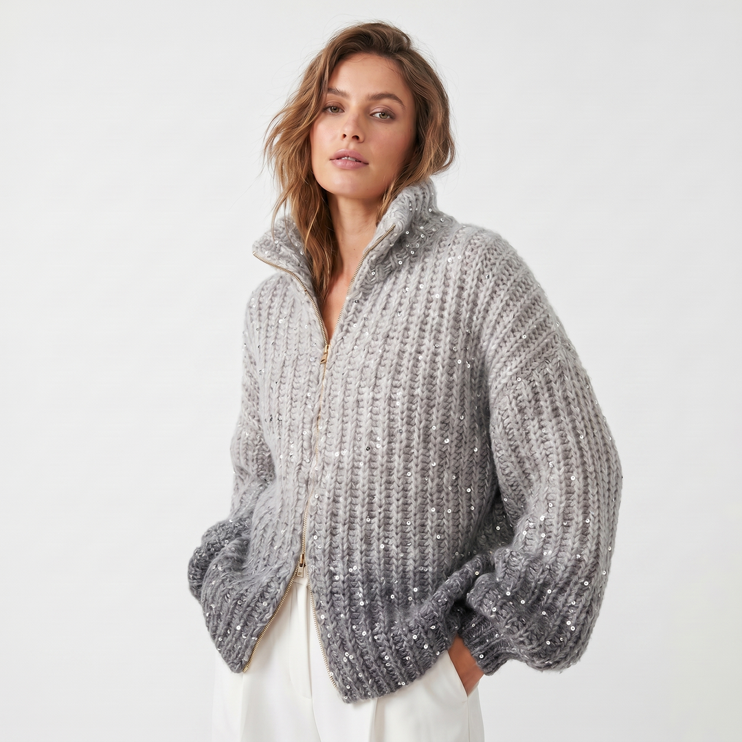 Women's Oversized Cardigan – Chunky Knit Sequin Zip-Up Funnel Neck