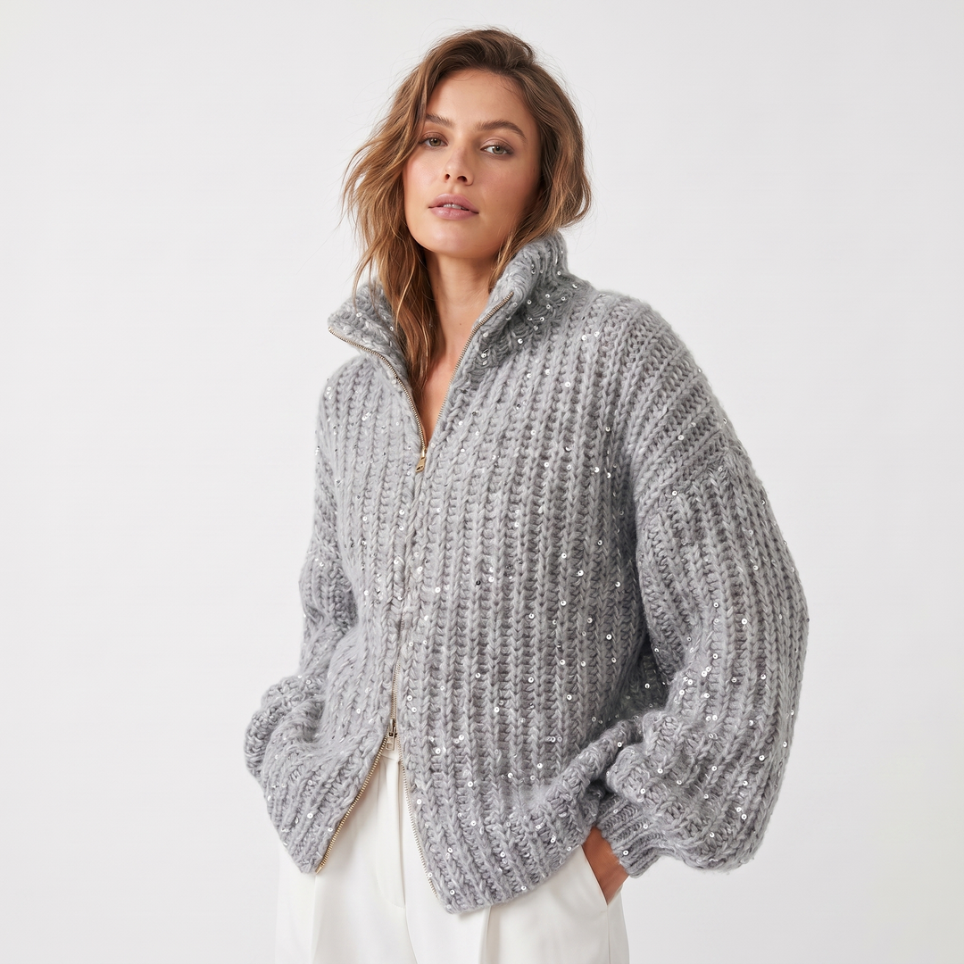 Women's Oversized Cardigan – Chunky Knit Sequin Zip-Up Funnel Neck